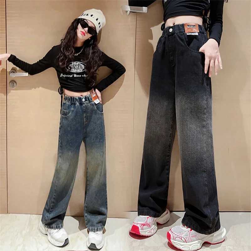 Girls Spring and Autumn Jeans 2024 Korean Childrens Edition Gradient Wide Leg Pants 6-15 Years OldT250326