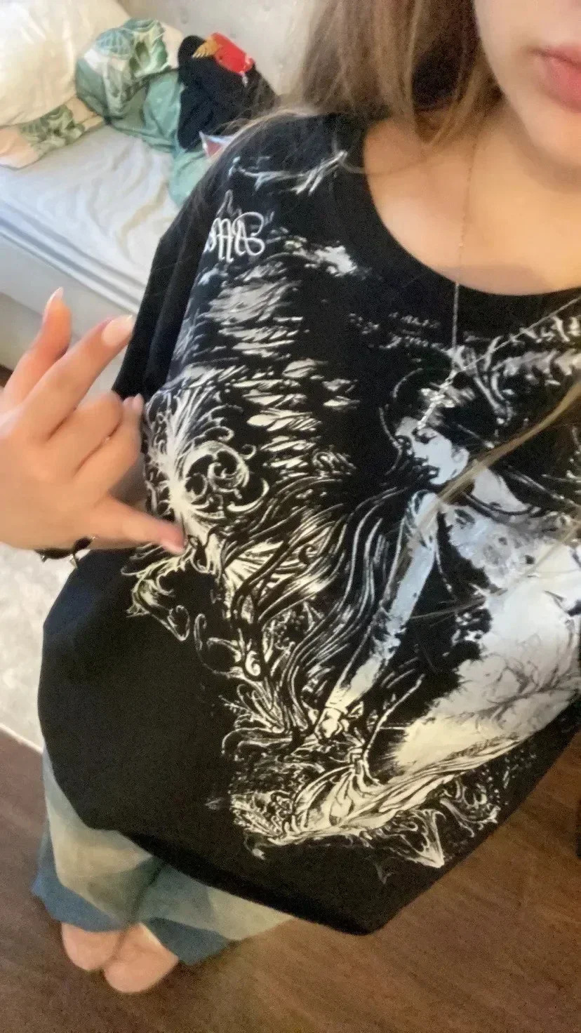 2000s Tops Harajuku Retro Men Gothic Dying Angel Black T-Shirt Hip Hop Oversized Women Short Sleeve Street Trend Clothing 250320