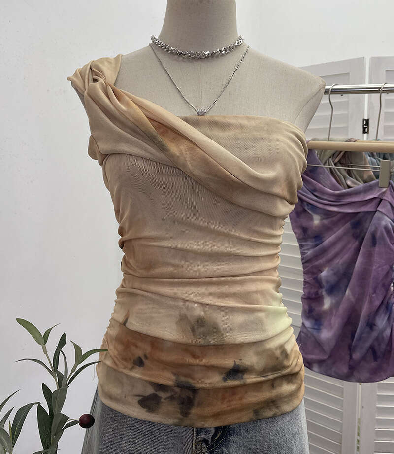 Oversized T Shirt Designer Top T Shirt Top Clothes Woman Clothes Mesh Printed Diagonal Shoulder Tank with Slim Fit and Pleated Temperament Short Top 8