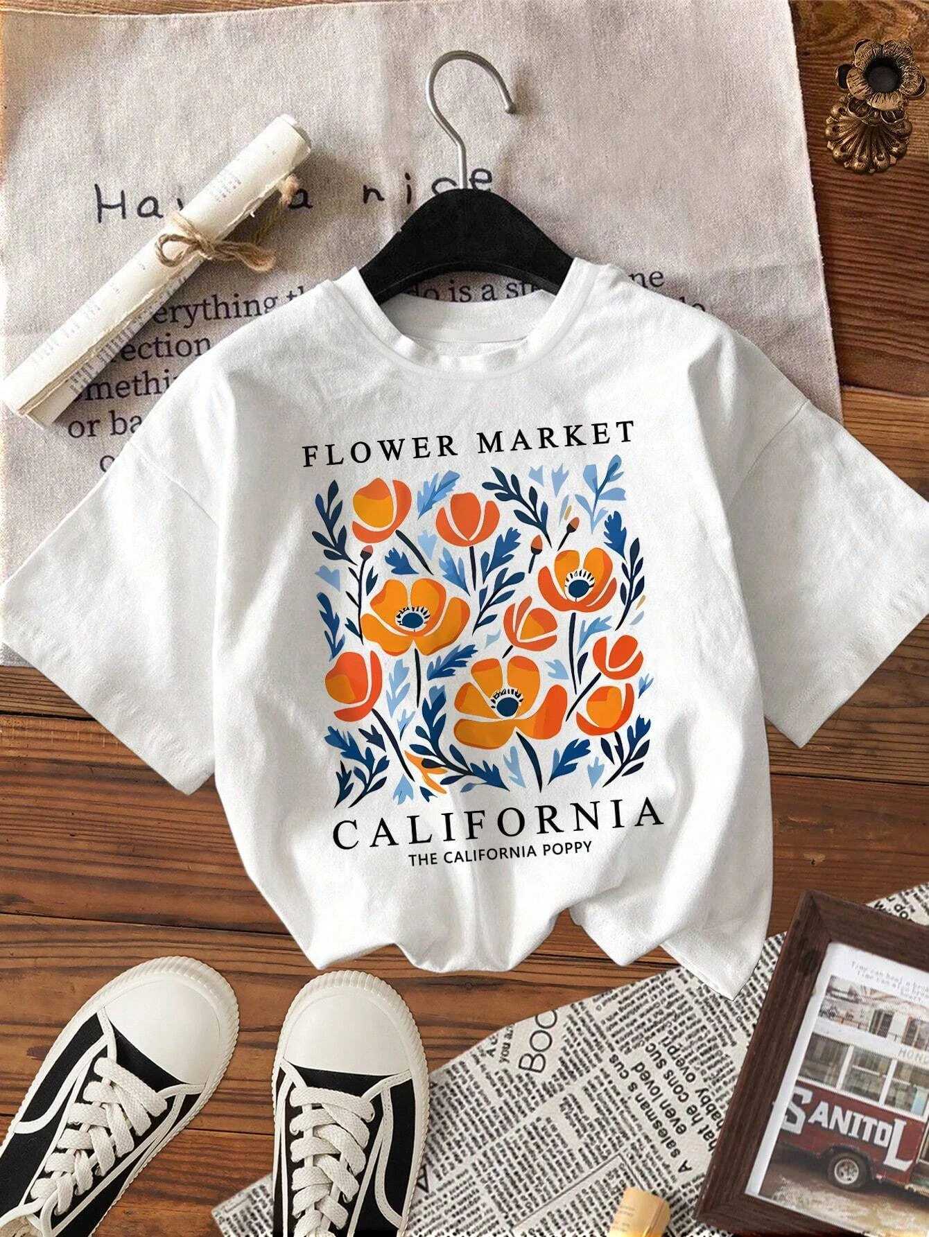 Yellow Flower Market California Printed T-shirt Womens Soft Cotton T-shirt Top O-neck Casual T-shirt Crewneck Sports Short SleeveT250320