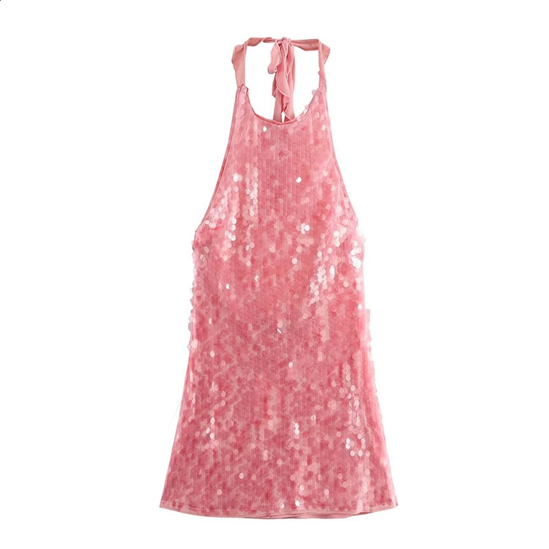 Sexy lace backless high waisted mini dress fashionable hollow sleeveless short sleeved pink sequin ultrathin womens banquet 250317