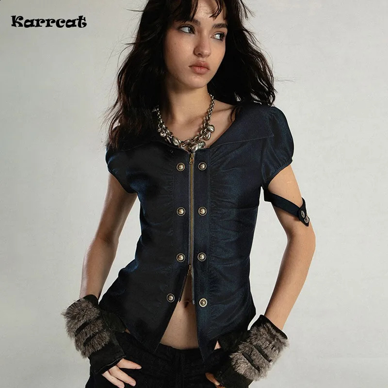 Karrcat Grunge Aesthetics Zipper T-shirt Trashy Y2k Irregular Tops Vintage Punk Short Sleeve Tee Shirt American Retro 250319