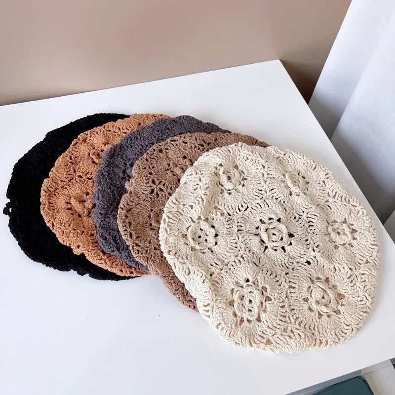 Ancient Hand Crochet Cotton Beanie Beret Women Summer Hollow Breathable Knitted Hat 3D Flower Painter Hat 250320