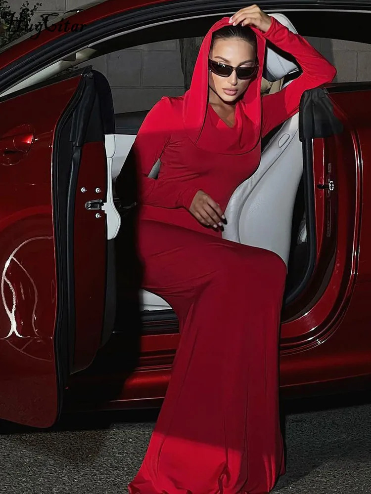 Hugcitar Fall Long Sleeve Hooded Solid Sexy Elegant Sexy Bodycon Slim Maxi Dress Women Clothing Party Streetwear Wholesale 250319