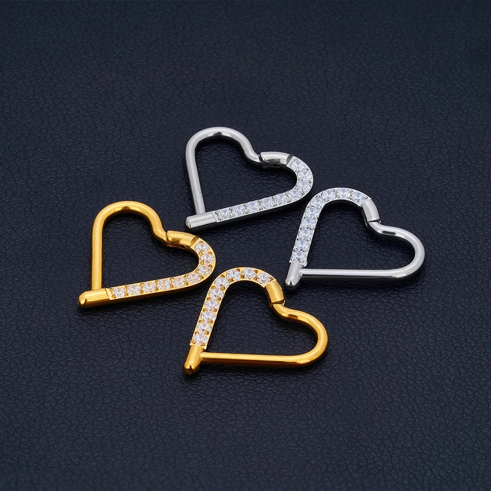 10Pc ASTM F136 Daith Heart Earring Hoop Cartilage Tragus Helix Rings Hinged Segment Hoop with Clear CZ 250228