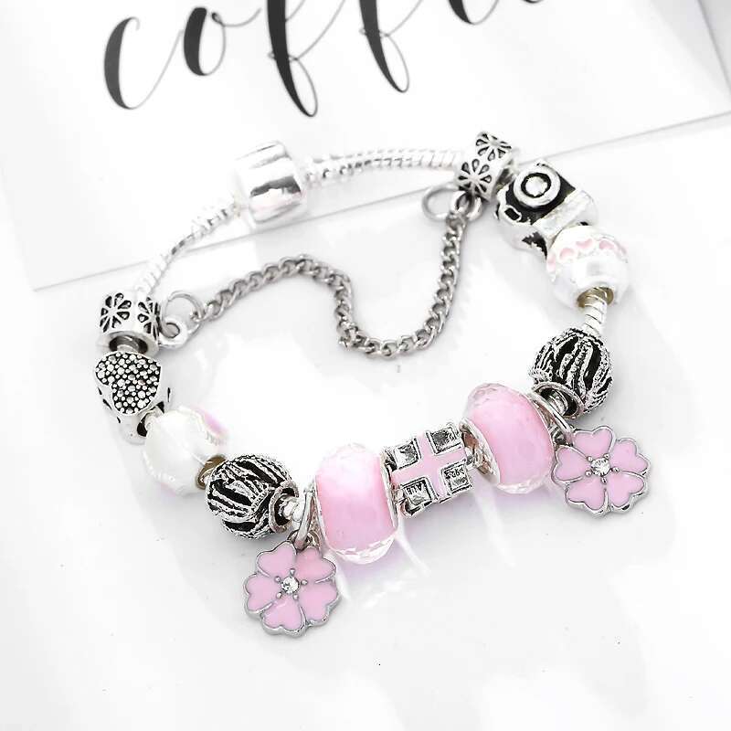 Silver Plated Snake Chain Charm Bracelets With Pink Flower Murano Glass Beads DIY Brand Bracelets for Women Jewelry Gift