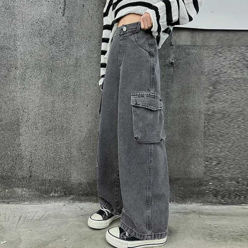 Teenage girl wide leg cargo jeans 2024 autumn fashion childrens casual denim pants school young childrens straight bag handcart 15YT2502320