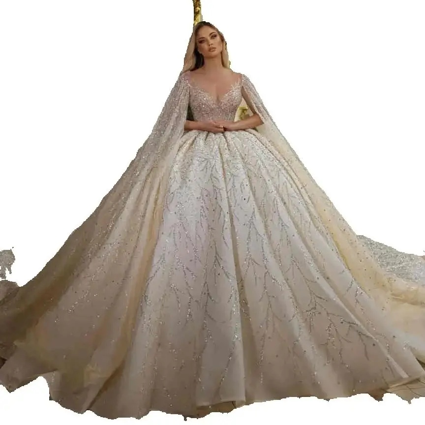 Luxurious Beaded Wedding Dresses Ball Gown Glitter V Neck Vestido De Noiva Crystal Sequined Bridal Dress Customized