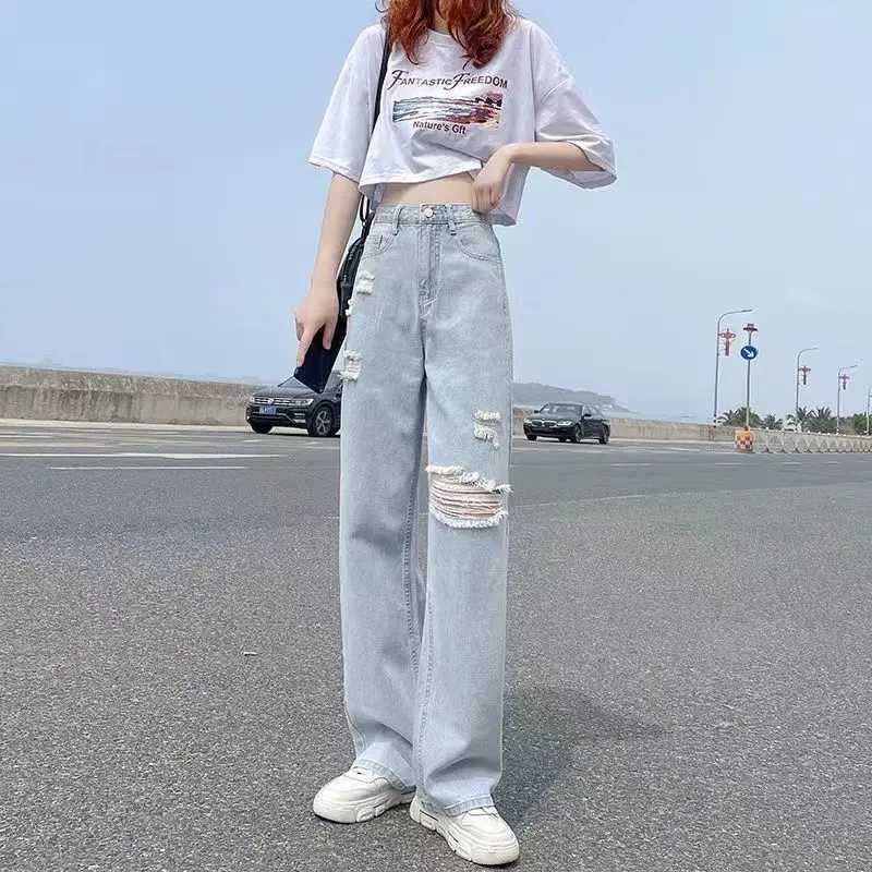 Perforated high waisted jeans for womens spring and summer thin straight tube loose 2022 new casual thin wide leg pantsT250326