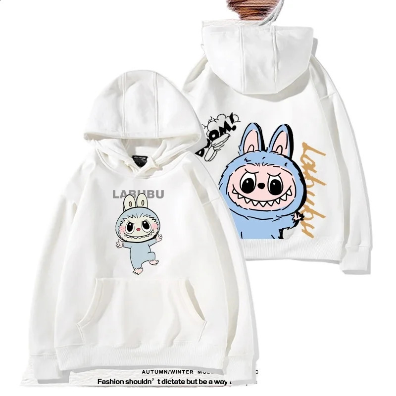 Neutral long sleeved hooded sweatshirt with loose fit and Labubu cartoon print for casual autumn winter cute fashionable comfortable daily wear 250319