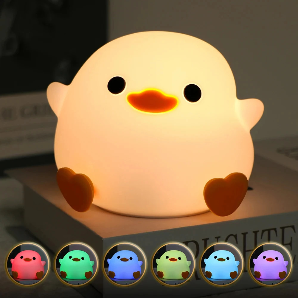 LED Night Light Cute Duck Cartoon Animals Decor Silicone Lamp for Children Kid Touch Sensor Timing USB Rechargeable for Birthday 250319