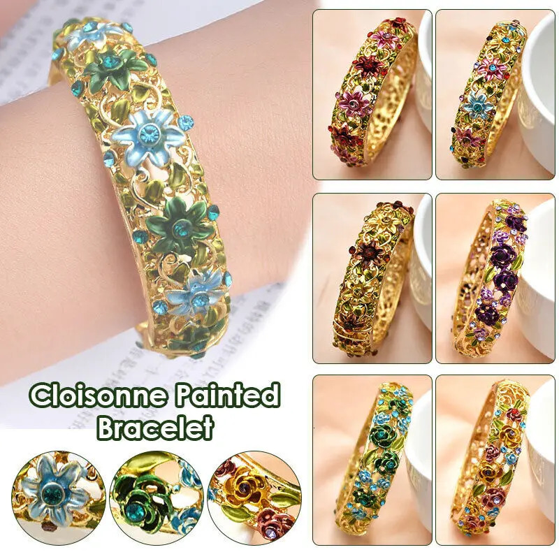 Enamel Flower Bangle Alloy Women Engraving Vintage Court Floral Bracelet Jewelry Purple Rose penwork Bracelets 250320
