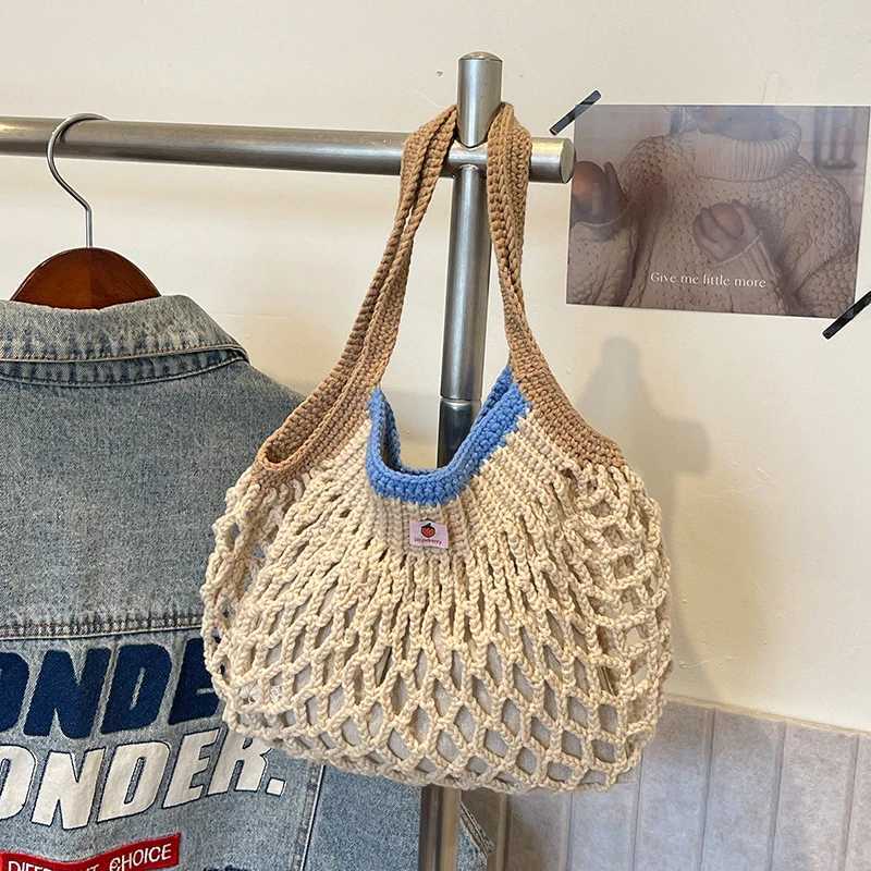 Large capacity womens knitted bag hollow outer bucket shoulder bag 2 sets of mesh travel shopping handbag womens fashion handbag Y250319