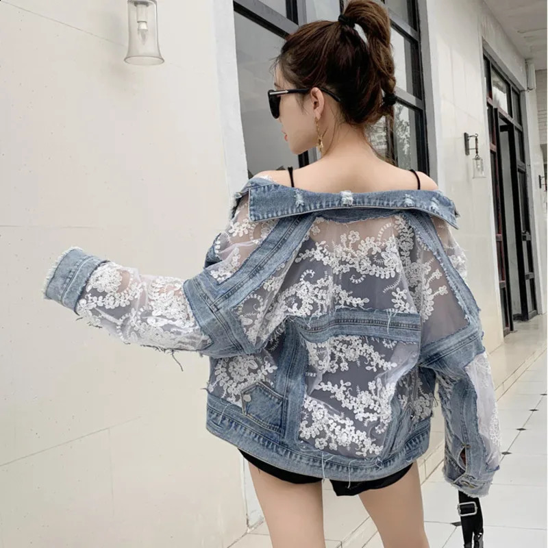 #3102 Spring Spliced Lace Short Jeans Jackets Womens Coat Loose Perspective Denim Jacket Women Long Sleeves Sexy Hollow Out 250319