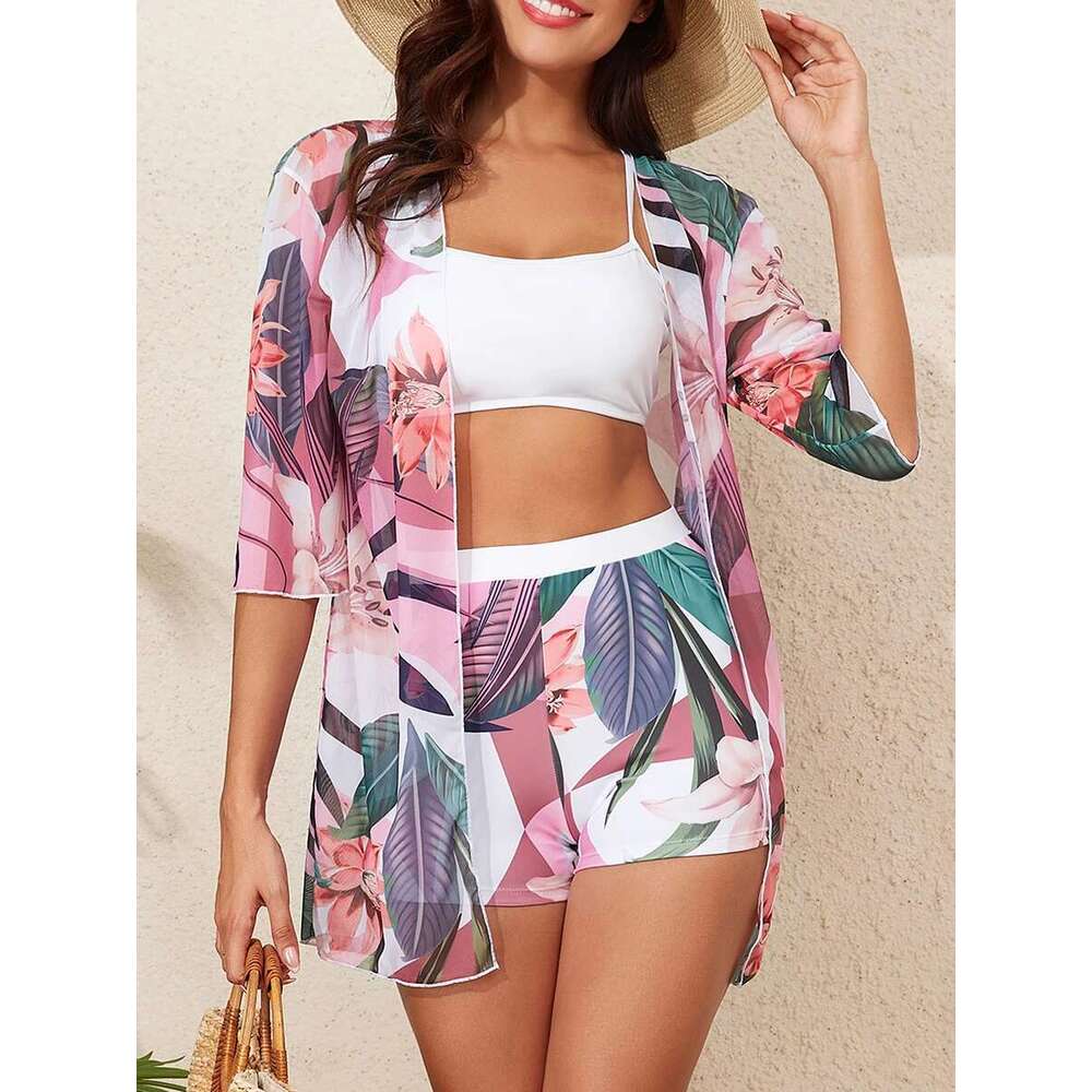 Women's 3-piece swimsuit, high-waisted bikini, printed, banrib, with kimono, for swimmers, 2025
