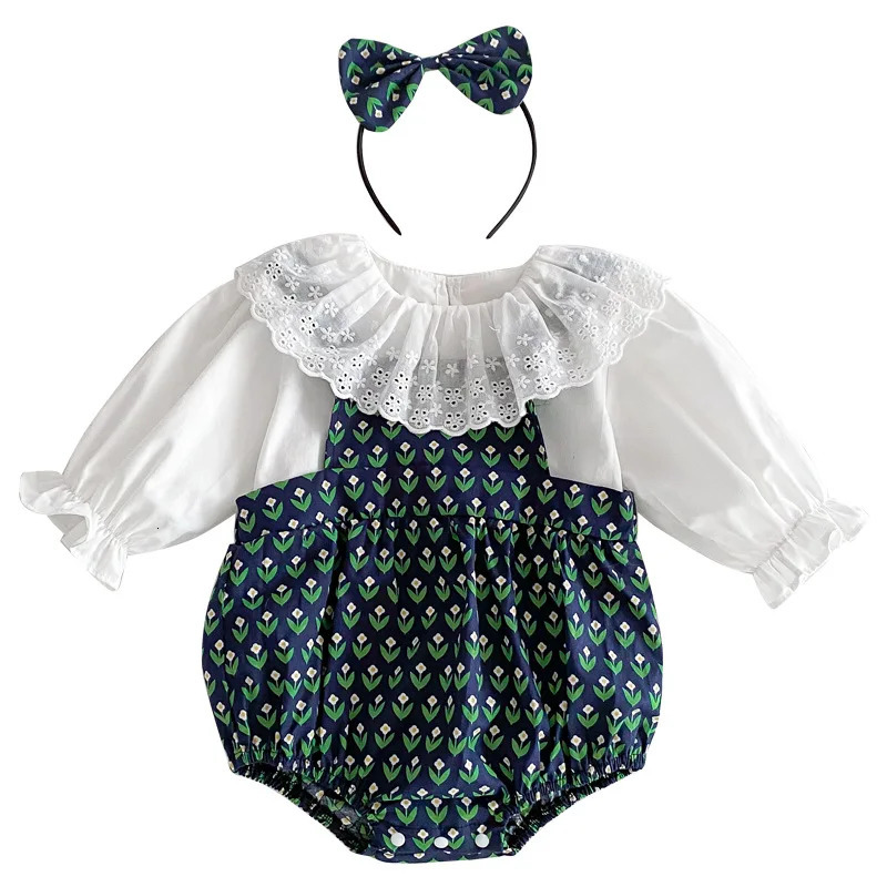 Autumn Korea Baby Girls 2PCS Clothes Set Cotton Solid Lace Collar Shirts Flower Printed Suspender Romper Suit Infant Girl Outfit 250319