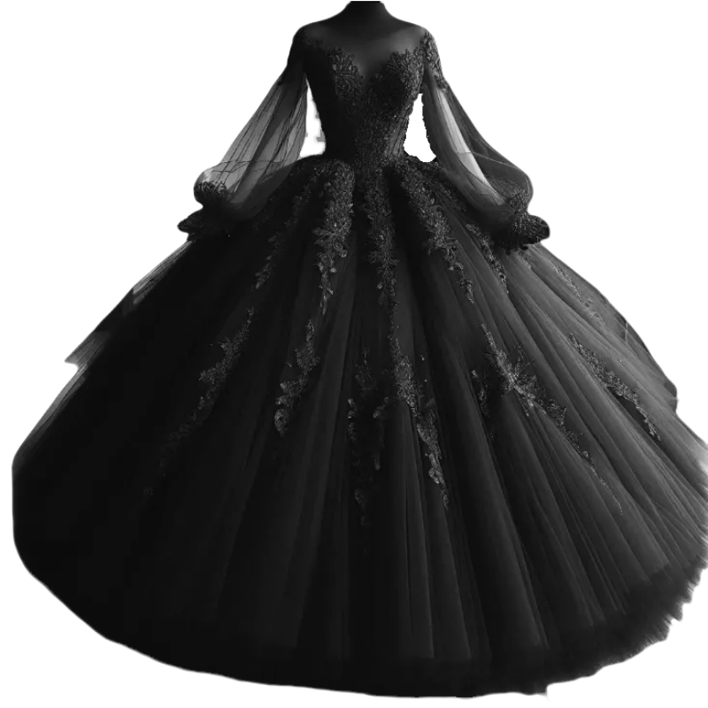 Elegant Long Sleeved Black Gothic Wedding Dress with Lace Appliques Vintage Floor Length Bridal Gown