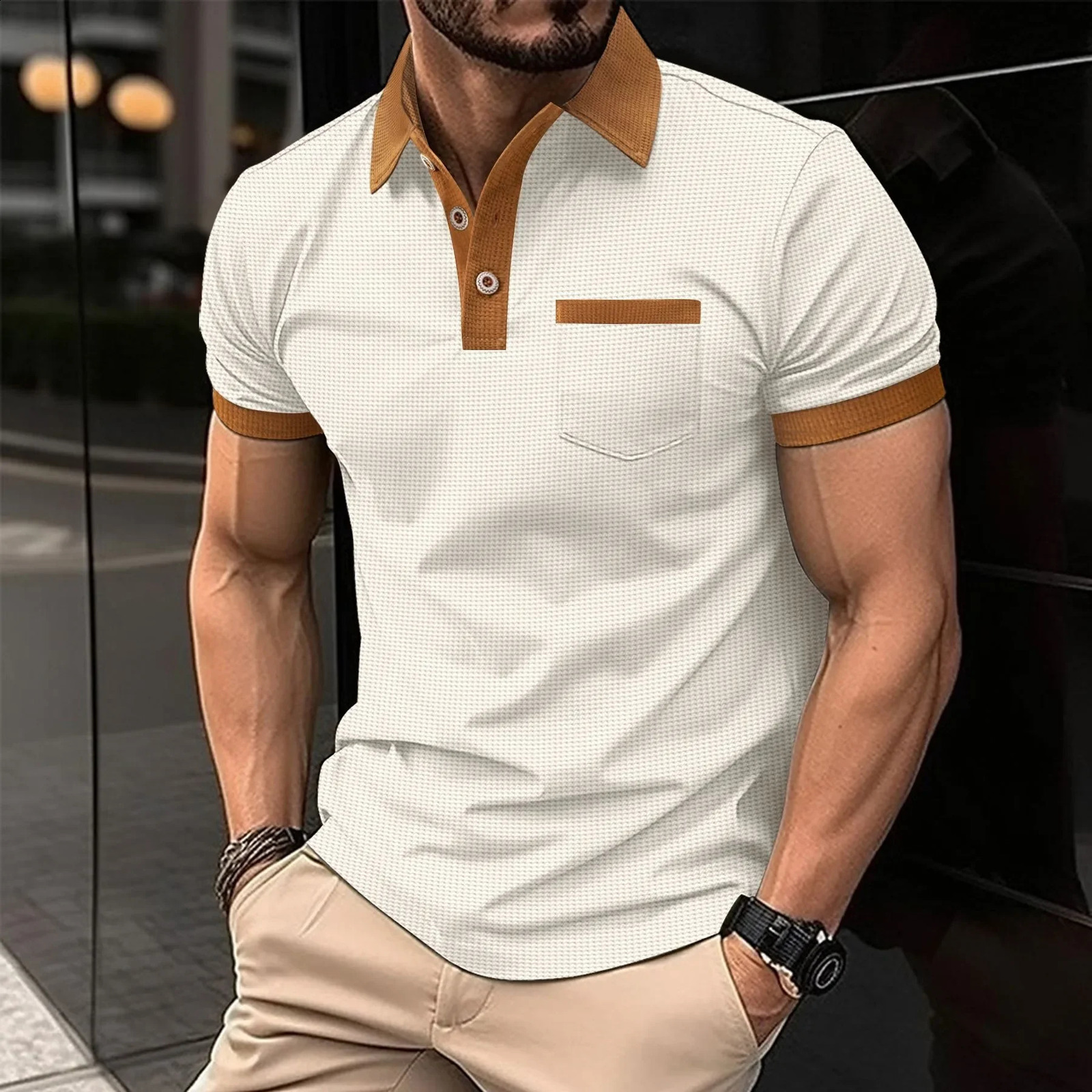 Summer Mens Short Sleeve POLO Shirt Waffle Color Chest Pocket Short Sleeve Button T-shirt Top Graphic T Shirts Men 250319