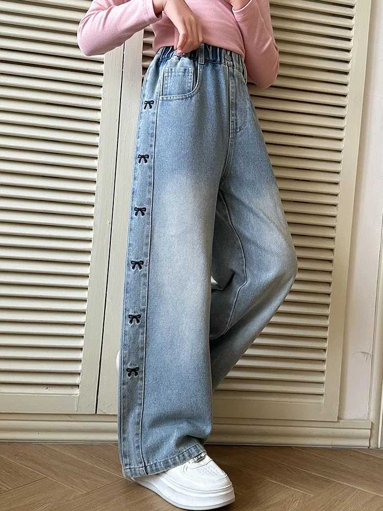 Girls Spring Thin Side Seam Embroidered Bowknot Jeans Loose Straight Wide Leg Denim Pants Teenagers Pure Color Washed TrousersT250326