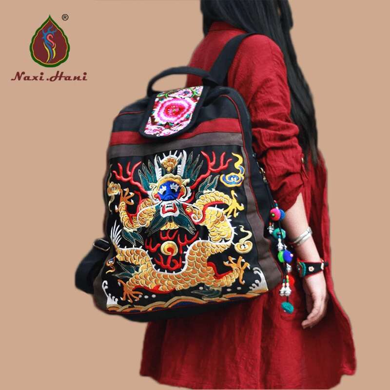 Top Women's Fashion Large Bags Black Canvas Embroidered Ethnic Bag School Backpack