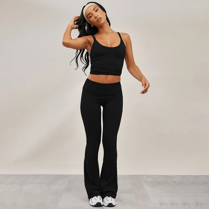 CUTENOVA 2025 Spring Summer Solid Color Backless Halter High Waisted Skinny Flared Pants Set Lift Hip Sporty Sets 250319