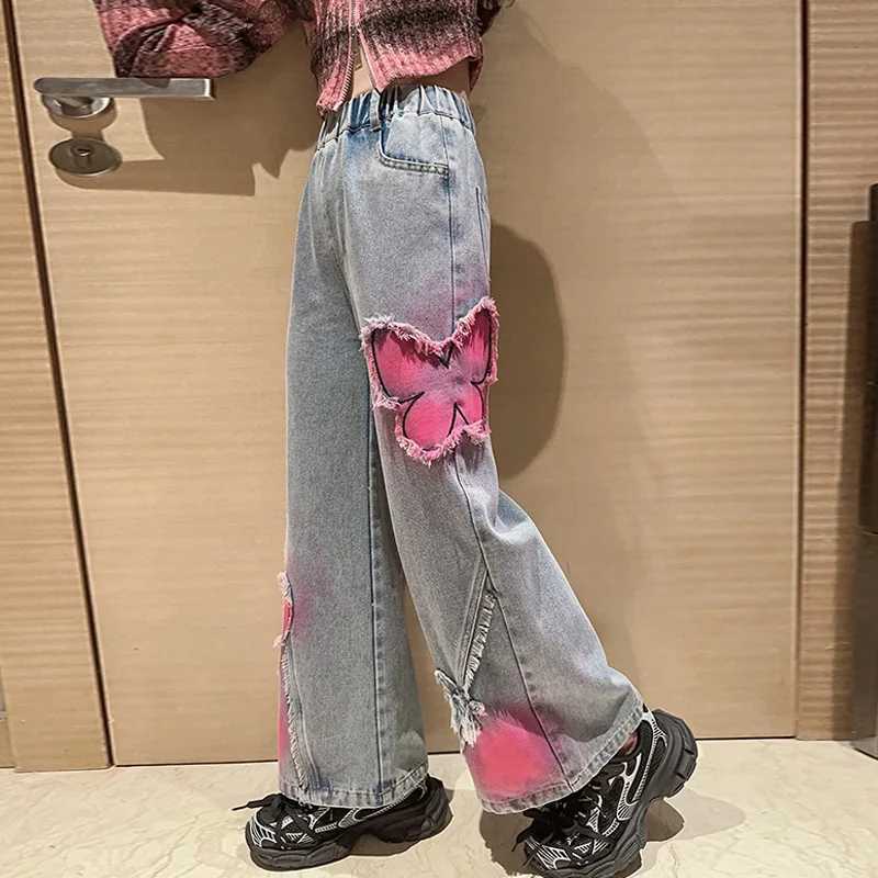 2024 Big Hot Deals Girls Fashion Spray Painting Butterfly Denim Wide Leg Pants High Waist Korean Style Long Jeans Teen TrousersT250326