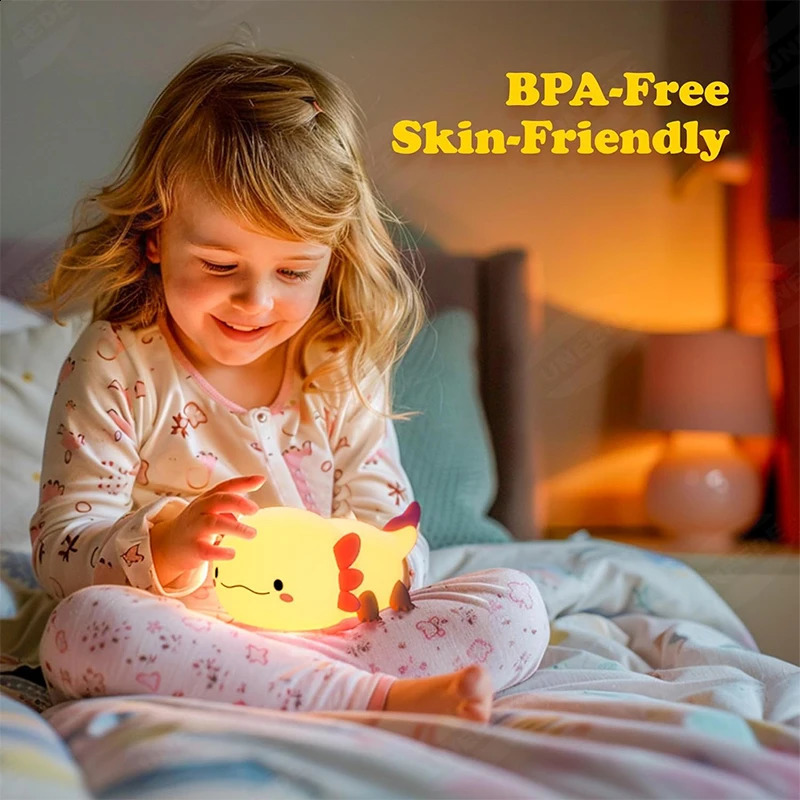 Cute Axolotl Night Light Silicone Nursery Sleeping Lamp Touch Control Nightlights USB Rechargeable Table Lamp for Baby Child 250319
