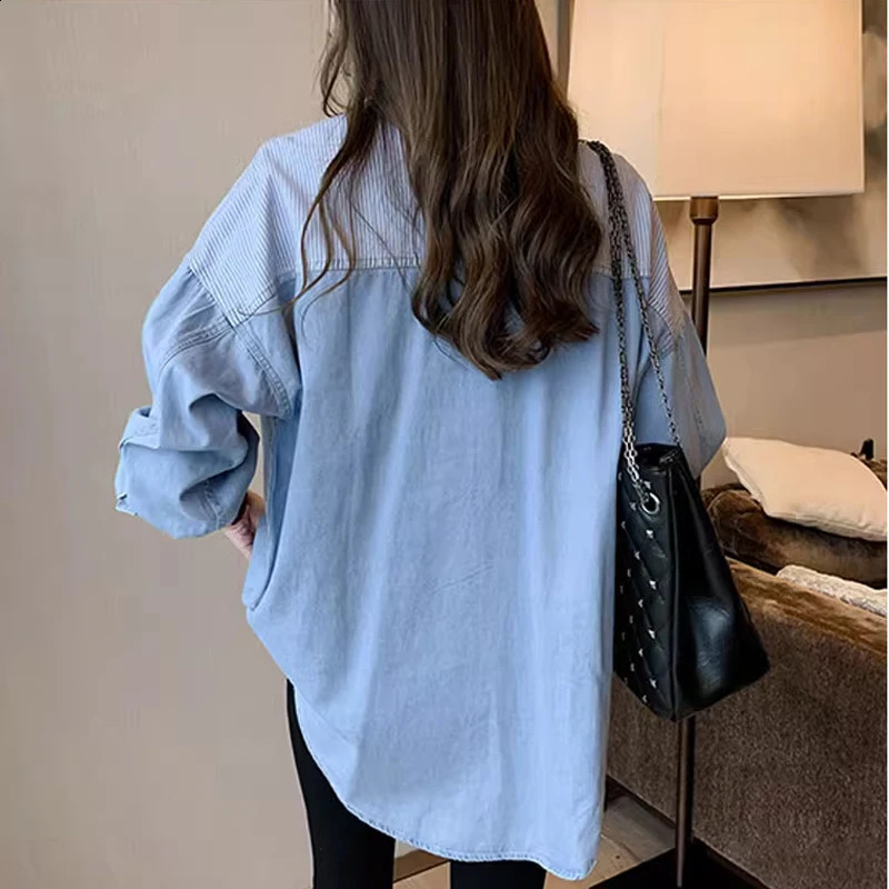 Womens Long Sleeve Denim Shirt Loose Cotton Blouse Turn Down Collar Dark Blue Tops Korean Fashion Autumn 7256 250319