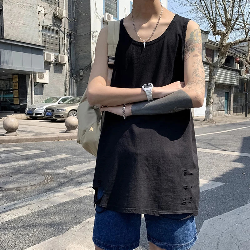 Summer ripped hole O-neck mens vest black and white camel hip-hop punk street fashion ultra-fine sleeveless T-shirt sports vest 250318