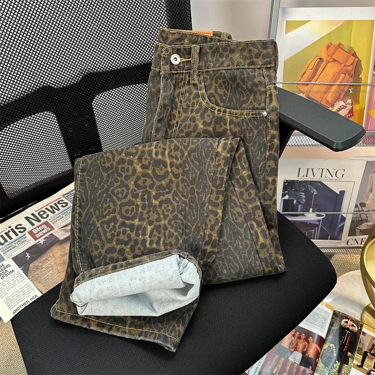 Retro Spring Trendy Leopard Print Jeans Womens American High Street Trousers Y2K Harajuku Style Baggy High Waist Casual Pants 250319