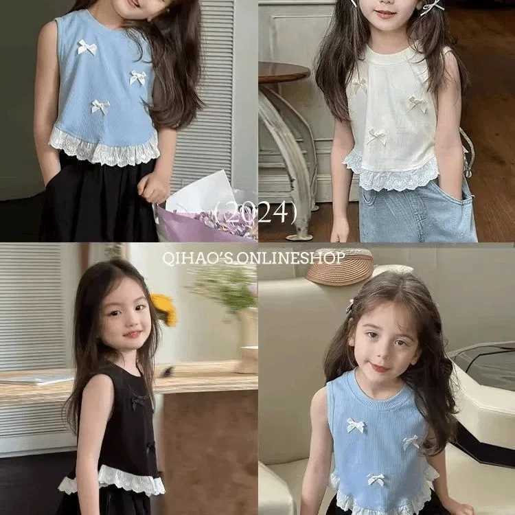 Summer fashion childrens tank top sleeveless bow lace hem plain weave childrens girls casual T-shirt childrens girls topT250320