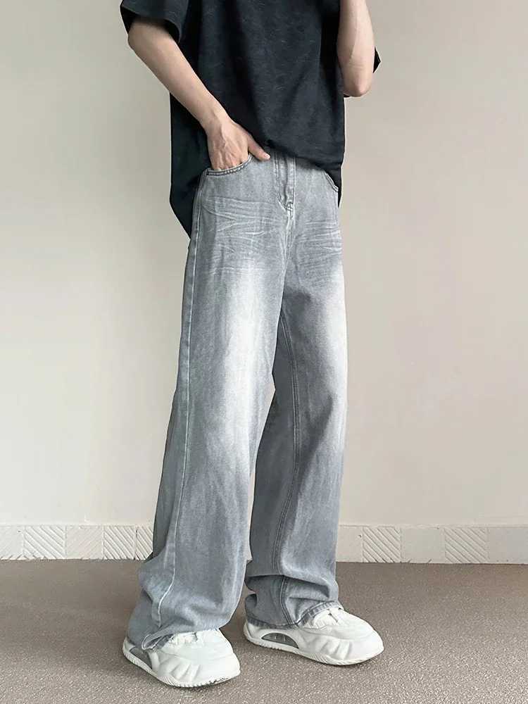Mens Retro Grey Pocket Jeans Fashion Straight Harajuku Casual Y2k Pants High Street Wide Denim Trouser Mens Fashion BrandT250319