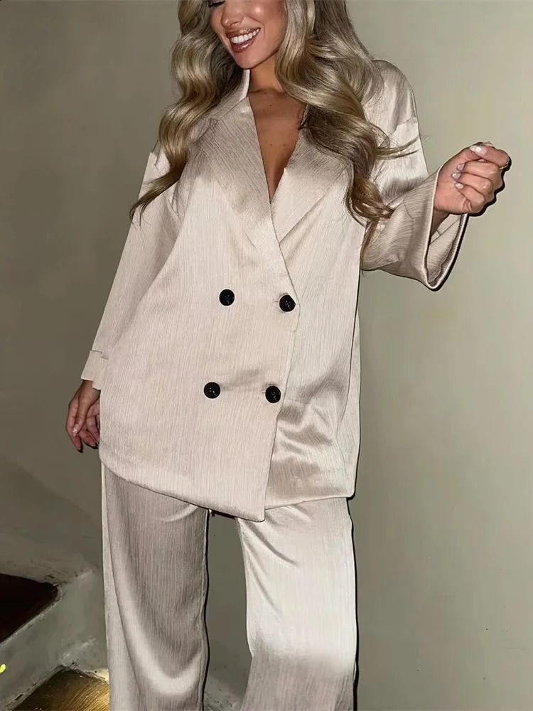 RFZA Womens Double Chest Loose Jacket and High Elasticity Waist Wide Leg Pants Two Piece Set Fashionable 250319