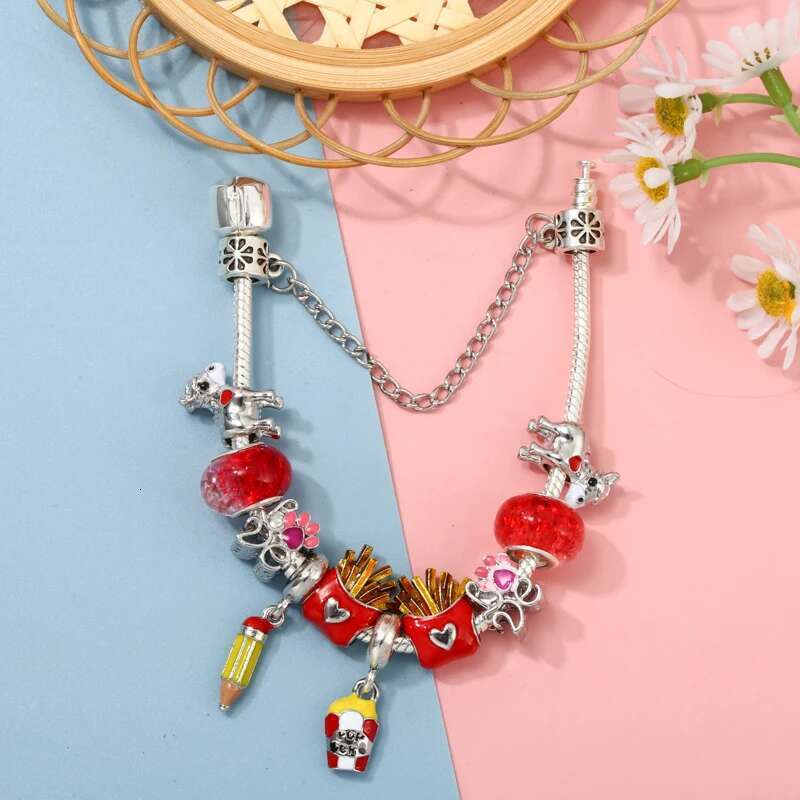Silver Color Hamburg Fries Pendant Charm Bracelet With Brand Snake Chain Bracelets Bangles For Women DIY Jewelry Gift