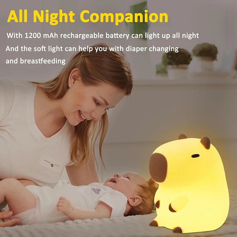 Cute Capybara Night Light Childrens Silicone Nightlight Gift USB Rechargeable Animal Touch Bedside Sleep Lamp Decoration 250319