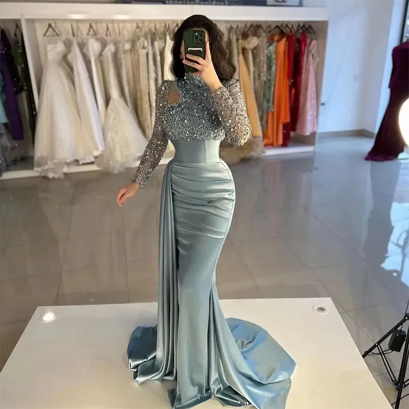 Elegant Beaded Mermaid Evening Dresses Long Sleeves High Collar Sparkling Sequins Crystal Beads Prom Dress Side Slit Arabic Dubai Formal Occasion Gown