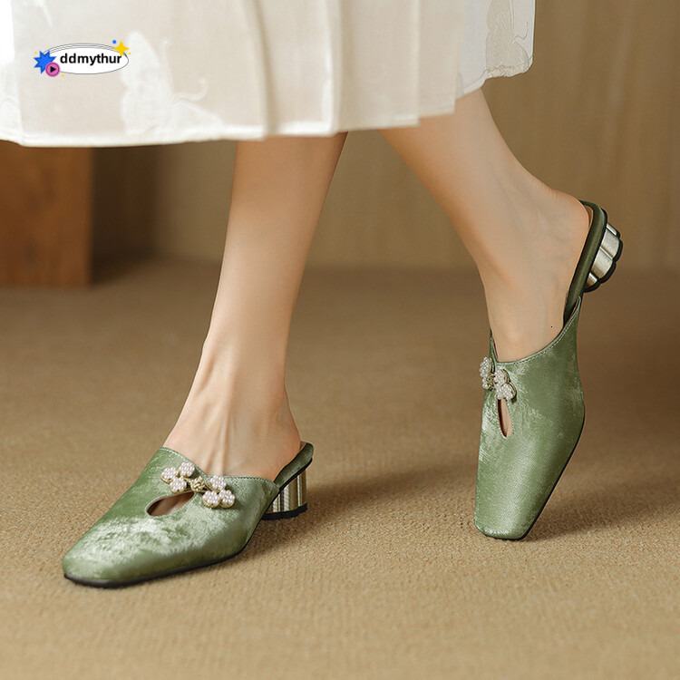 Chinese style Baotou Slippers 2024 Summer New Elegant Beaded Decoration 3.5cm Comfortable Round Heel