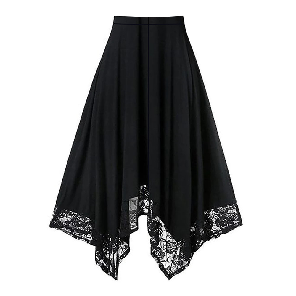 Gothic Black Skirt Womens A-Line Skirts Retro Irregular Lace Patchwork Hem Elastic Waist Half Skirts Femme Halloween Streetwear 250320