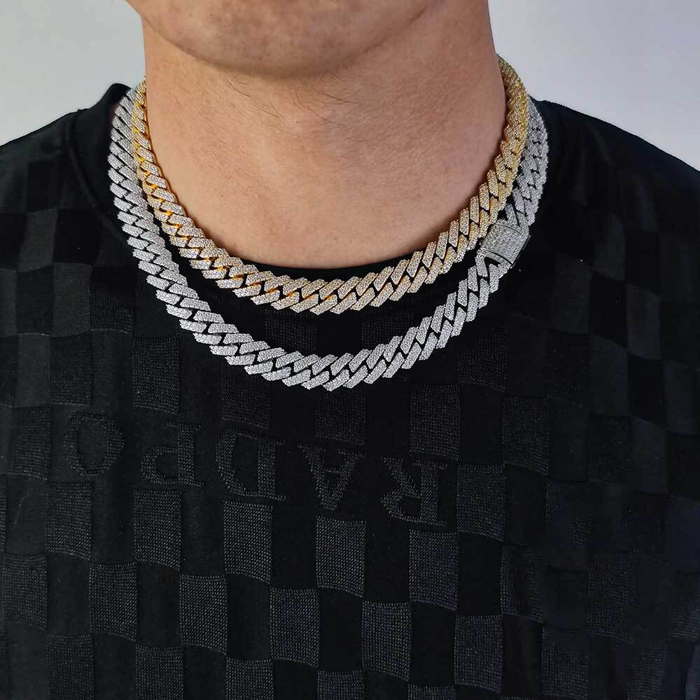 Fashion Hip Hop Men Jewelry Cuban Chain 12mm Width 2 Rows Stone 5A Zircon Stone Copper High Quality Cuban Link Chain