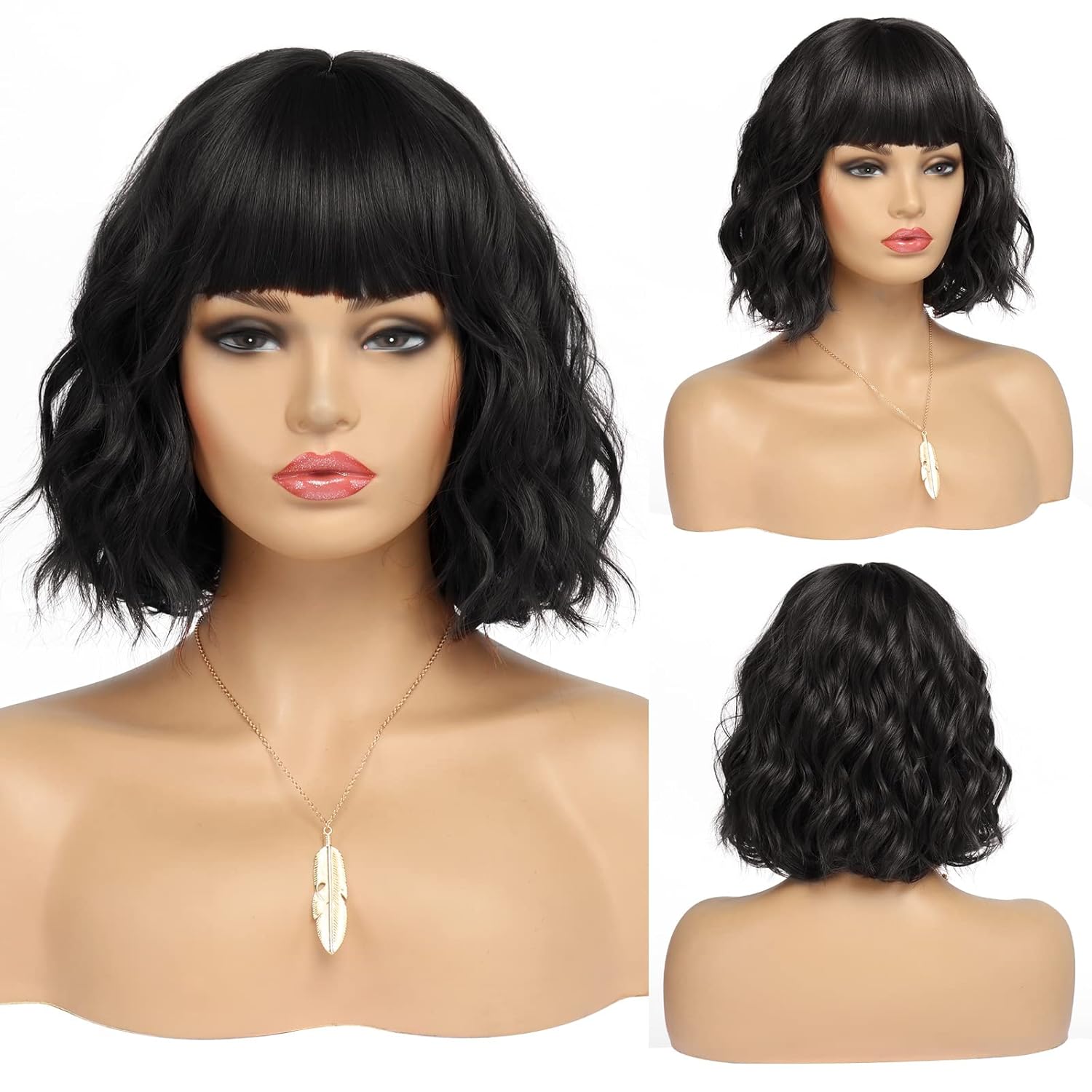 Short Black Bob Wig With Bangs Synthetic Natural Hair Wigs for Women Wavy Shoulder Length Wig Water Wave(12 Inches)
