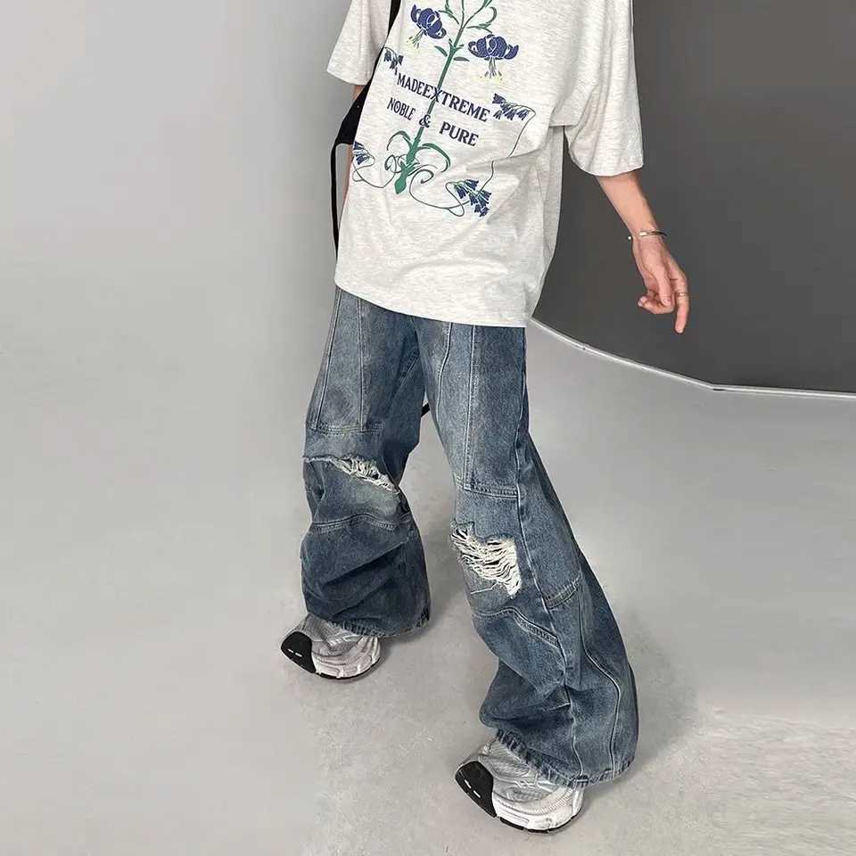 High Street Hip Hop Mens and Womens Fashion Personality Destruction Jeans Couple Loose Laundry Retro Casual Pants y2kT250319