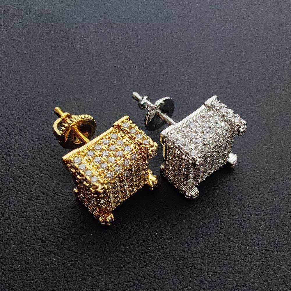 Hip Hop Rock Fashion Jewelry Gold Plated For Women Micro Pave 3A Zircon Square Screw Back Earrings