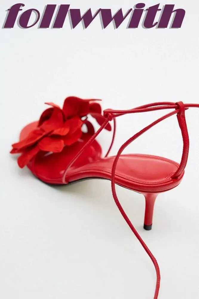 Ladies Solid Red Flowers Lace Up Sandals Unique Sexy Sandals Cross Tied Stiletto Heel Party 2025 New Arrival Summer Woman ShoesC250319