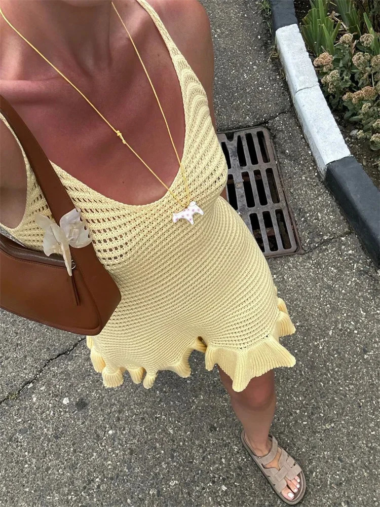 Tossy Knit Ruffled Hollow Out Mini Dress Female V-Neck See-Through Holiday Beach Casual Clothes Summer Womens Knitwear Dress 250320