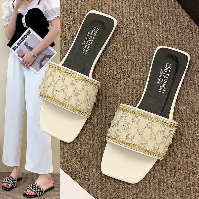 2025 New Korean Pearl Decoration Flat Slippers Designer Square Head Single Foot Women's Sandals Beach Sexy Leisure Sports Pearl Slippers