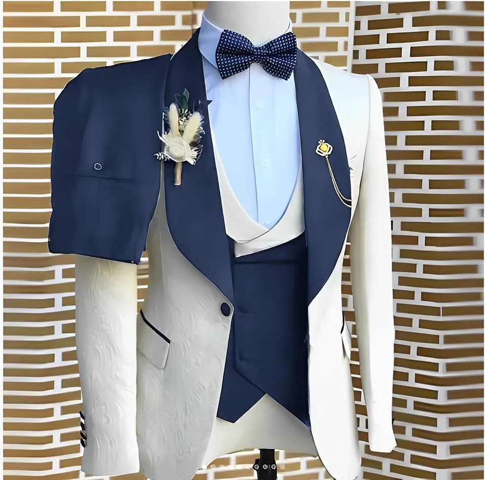 Elegant white jacquard mens wedding dress formal jacket vest pants 3-piece beauty tailcoat custom mens fashion clothingXJ250320