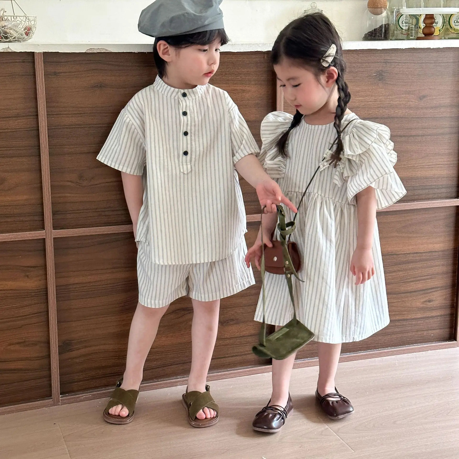 Brother Sister Clothes Summer Short Sleeve Tshirts Stripes Shorts Baby Boys Suit Thin Cotton Ruffle Children Girl Dress 250319