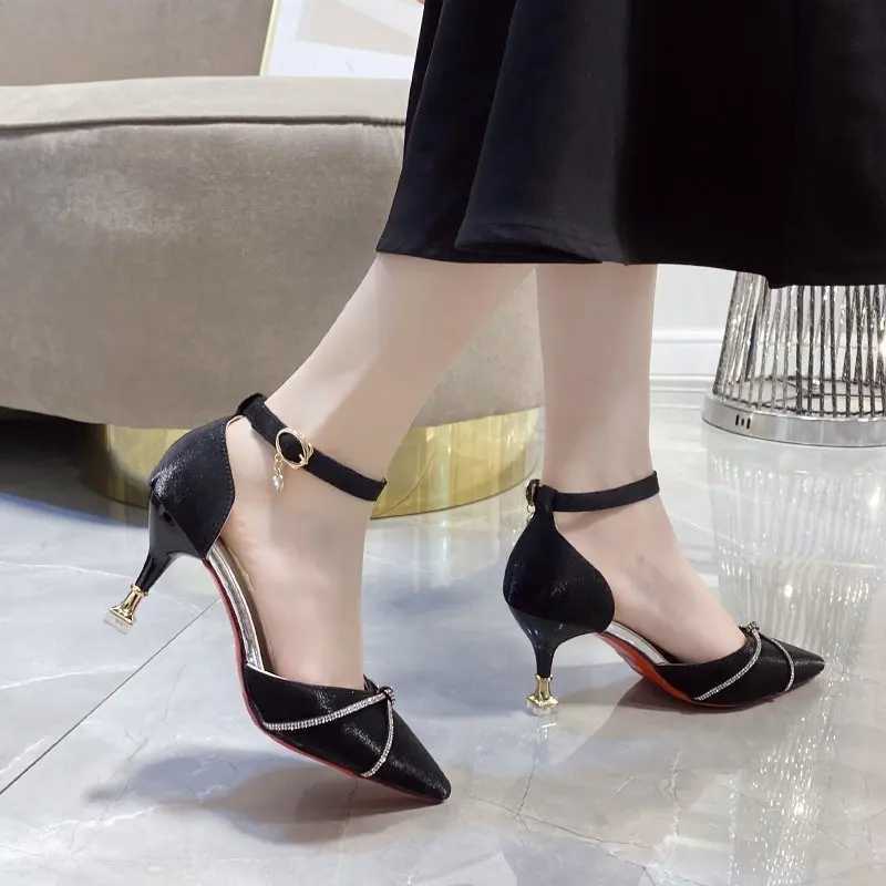 Red satin wedding shoes spring new pointy-ed rhinobas e-word buckle hollow wens single shoes stiletto h Y250319