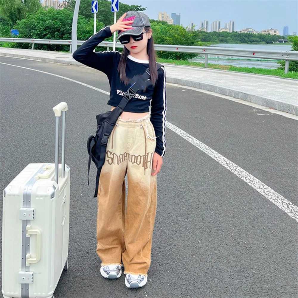 Teenage girls fashion gradient long jeans new autumn hot trade elastic waist Trouser cool hip-hop street clothing childrens jeansT250326