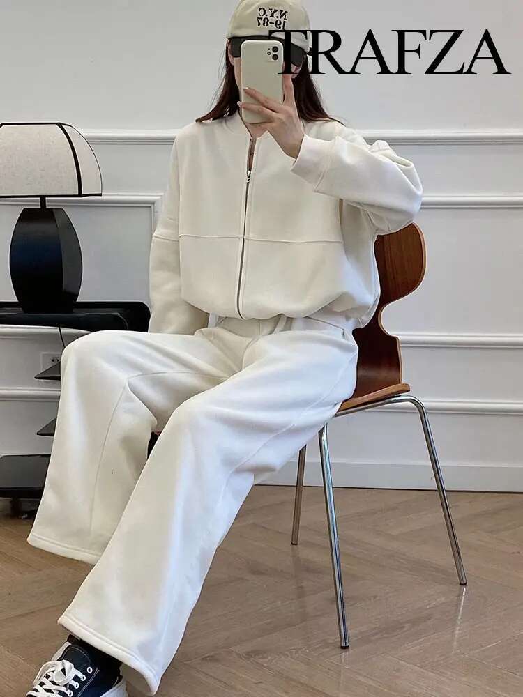 TRAFZA 2-Piece Retro Solid Color Zipper Bomber Jacket Sweatshirt + High-Waisted Lace-Up Women's Loose Veet Pants Suit